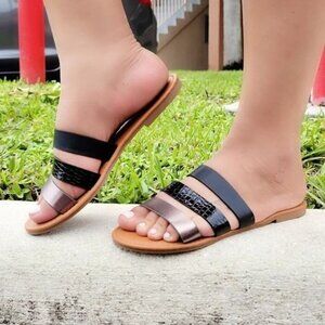 Black Faux Leather Strappy Slide Flat Sandals for Women Slip On